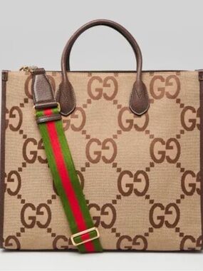 Brand New Gucci Beige GG Canvas Tote with Brown Trim and Green-Red Web Strap